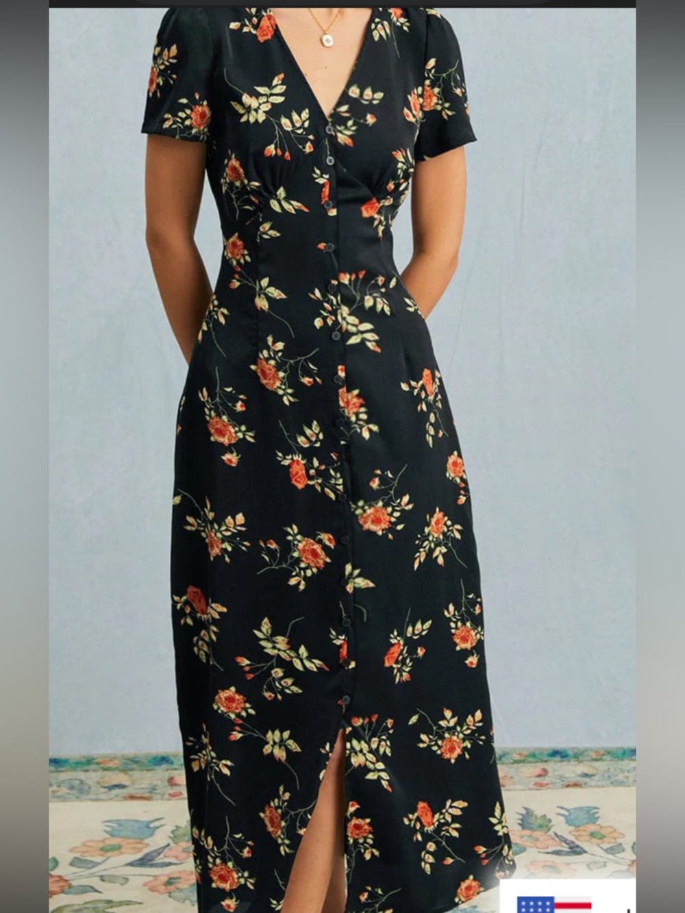 RIHOAS Black Midi Dress with Orange Floral Print